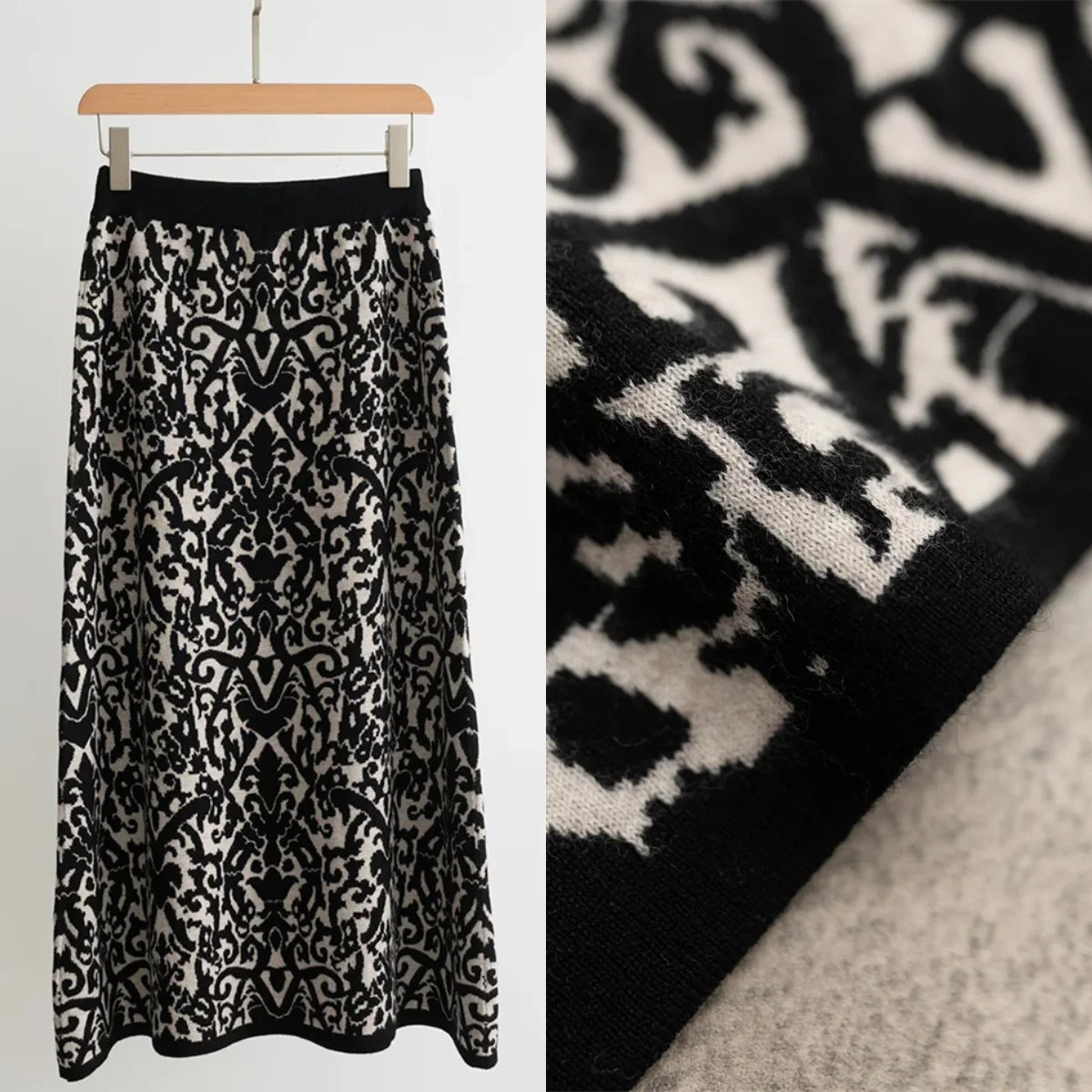Vintage Geometric Print Ladies High Waist Fashion Jupe Women A-Line Wool Cashmere Blends Midi Skirt