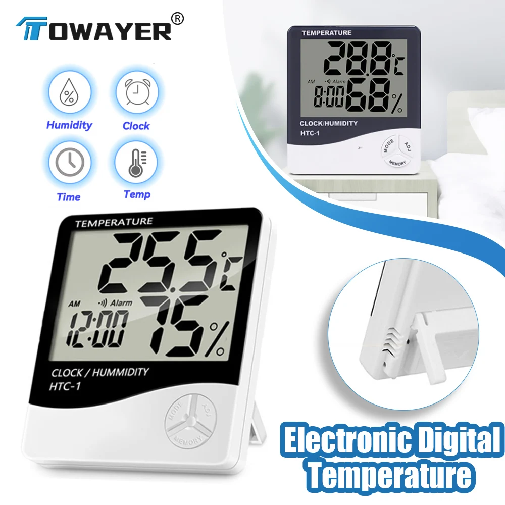 LCD Electronic Digital Temperature Humidity Meter Indoor Outdoor Thermometer Hygrometer Weather Station Clock HTC-1 HTC-2