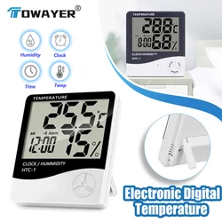 Medidor de temperatura y humedad Digital LCD, termómetro electrónico para interiores y exteriores, higrómetro, estación meteorológica, reloj, HTC-1, HTC-2