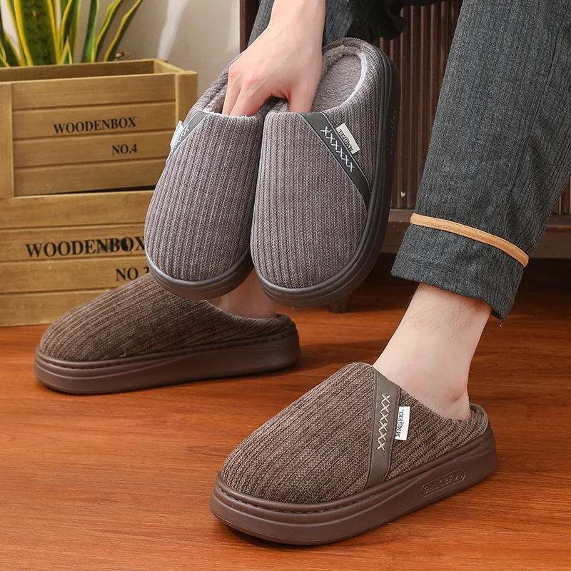 Winter Warm Cotton Slippers Men Women Thick Sole EVA Non-slip Indoor Home Shoes Knitted Plush House Slippers Footwear Plus Size