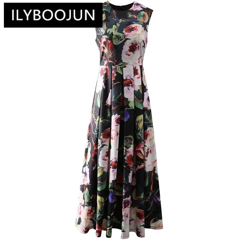 

ILYBOOJUN Fashion Designer Women's New Vintage Sleeveless Printed Pleated Elegant Floral Summer Dress A-Line Tank MIDI Dresses