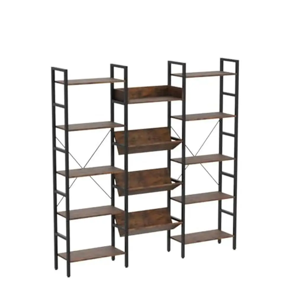 5-Tier Industrial Bookcase with Adjustable Shelves Iron Frame and MDF Board Wall Mount Rectangular Display Rack Triple Wide Open