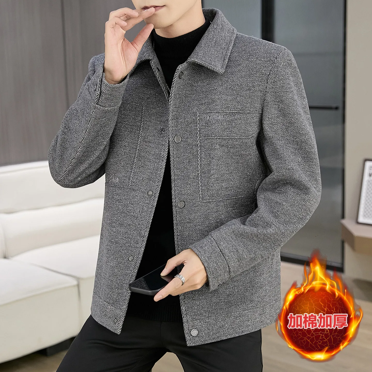 

Осенне-зимняя мужская хлопковая шерстяная куртка с лацканами, облегающая теплая повседневная шерстяная куртка, деловое универсальное пальто