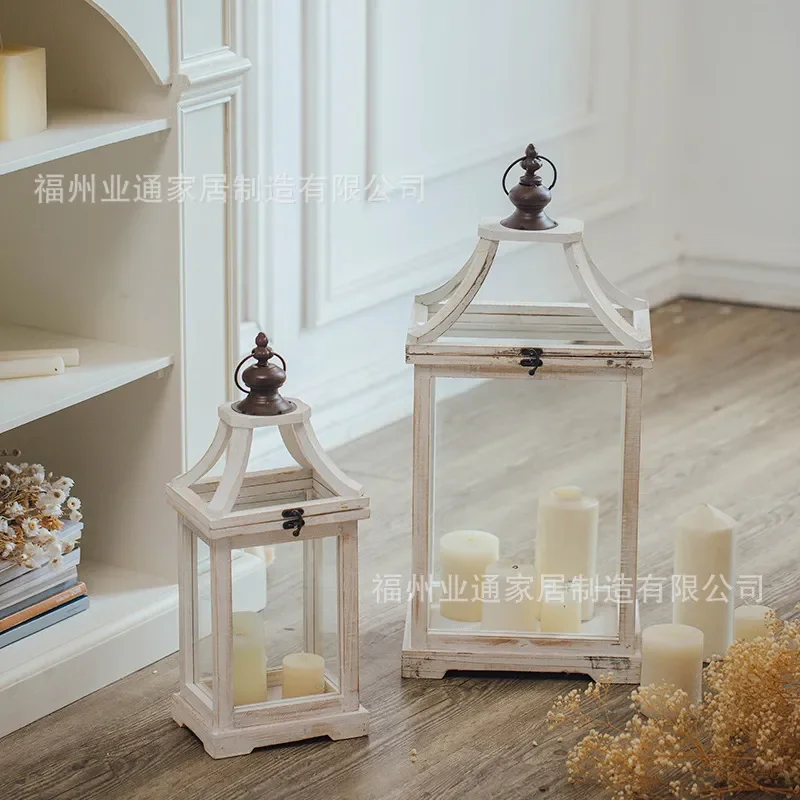 Vintage American Style Wrought Iron Candle Holder with Glass Windproof Design Retro Wood Base Lantern for Garden Window