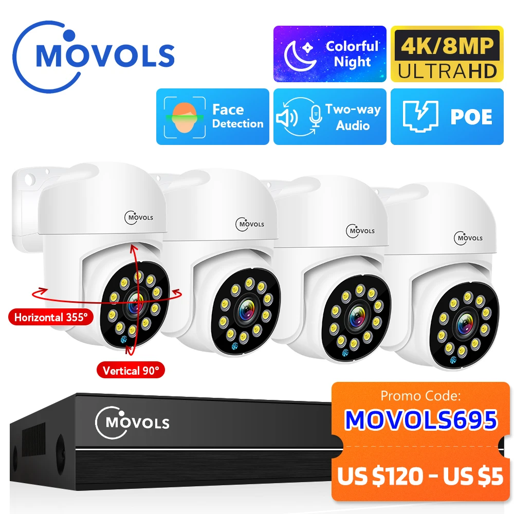 Movols 4K XMEYE POE Surveillance System 8MP 4MP Two Way Audio PTZ CCTV POE AI Security Camera 8CH P2P NVR Video Surveillance Kit