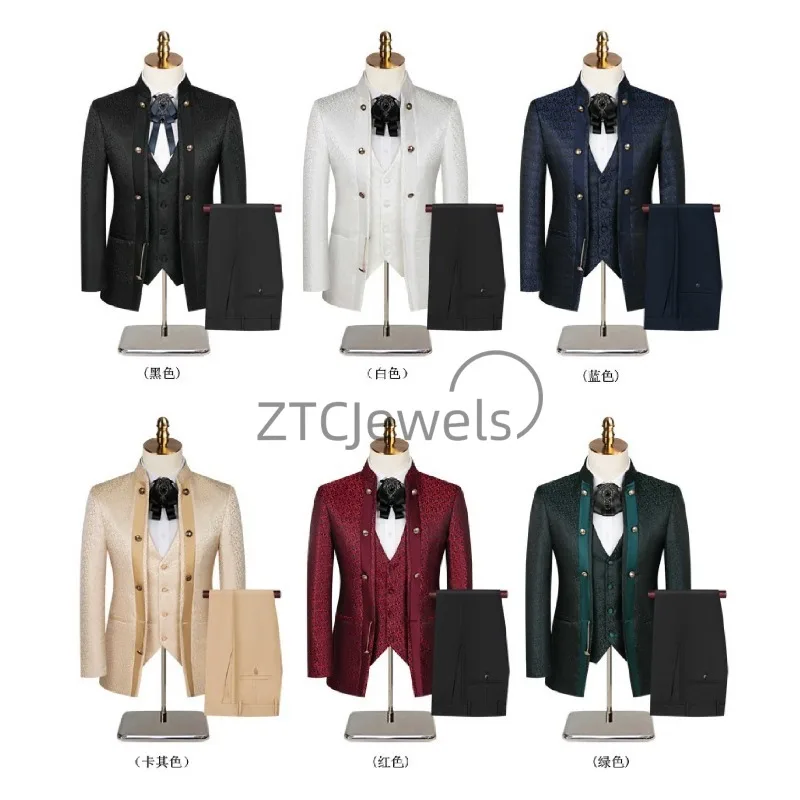 2026 New Chinese Style Men's Suit with Green Fruit Collar and Dark Flower Banquet Wedding Set Groom and Groomsman Gown 3Pc Set view 2
