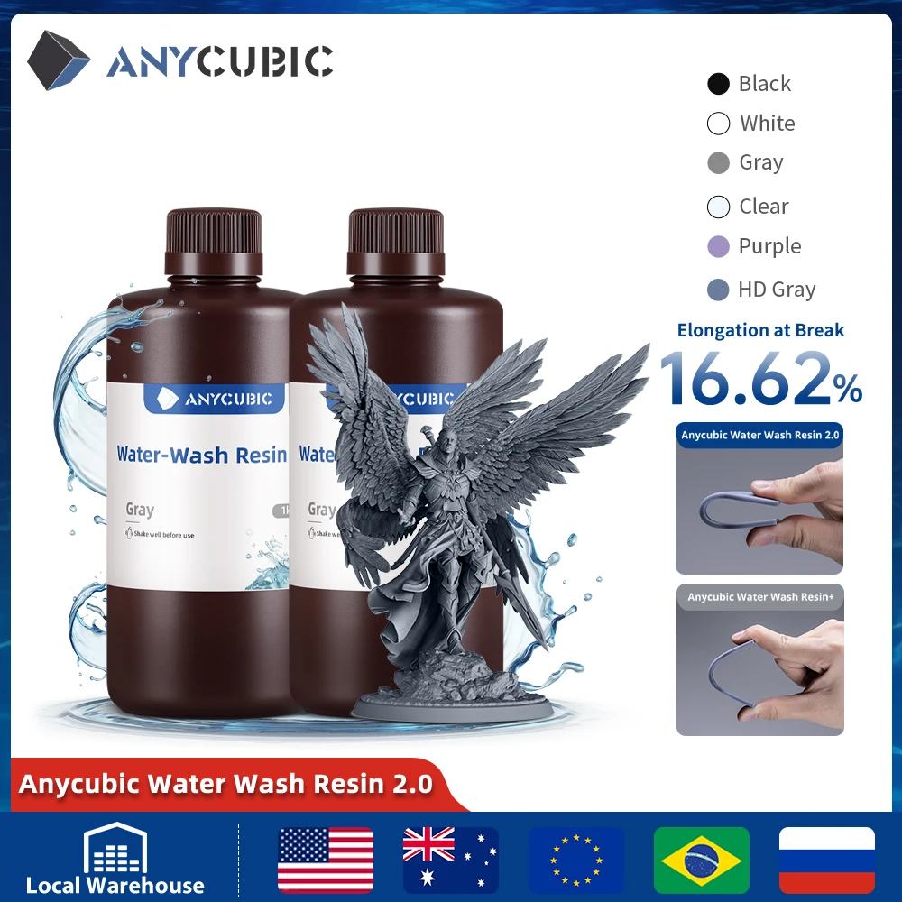 ANYCUBIC 2pcs/lot 405nm Water Washable Resin For LCD 3D Printer Liquid Photopolymer Resin 3D Printing Material 1kg/bottle