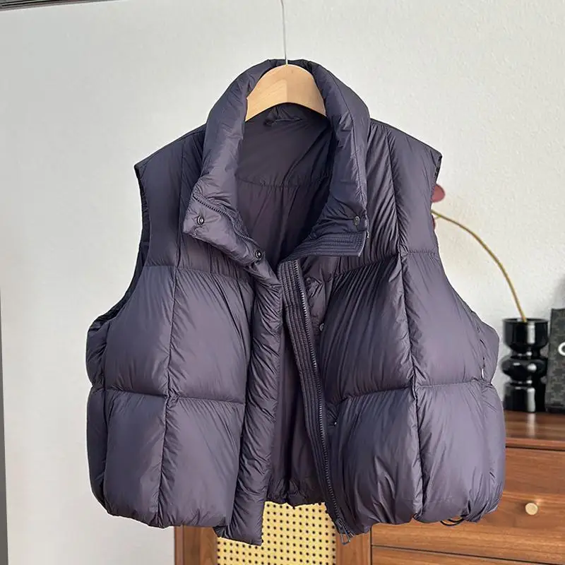 

Women's Du down Vest Thiened Warm Loose Slimming Stand Collar Jaet Korean Sle Commute Wind White Du Feather Fill