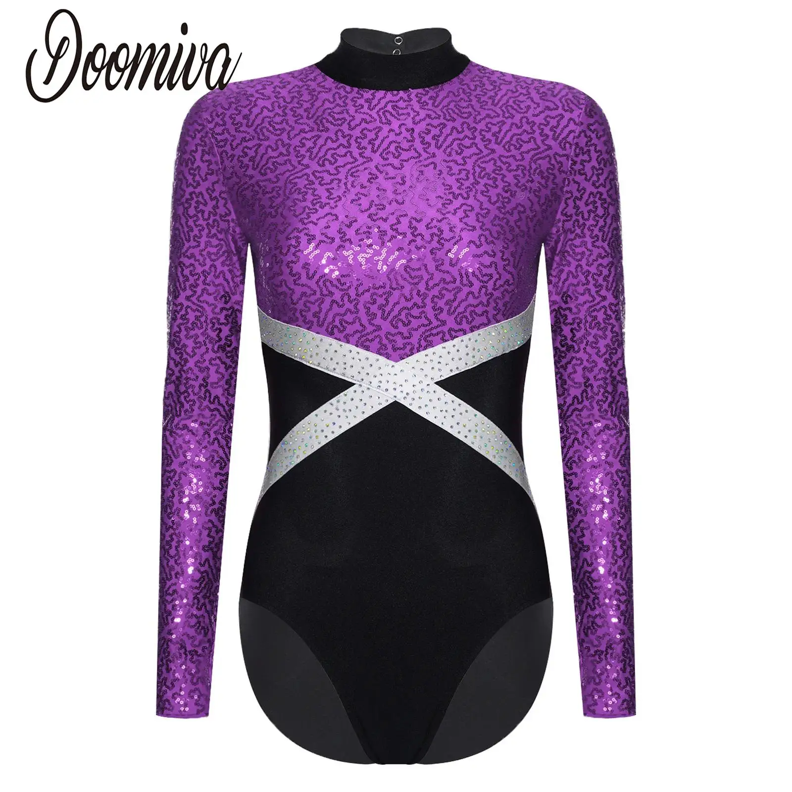 

Women Rhythmic Gymnastic Leotard Jumpsuits Stage Ballet Dance Costumes Long Sleeve Glittery Sequin Bodysuit for Figure Skating