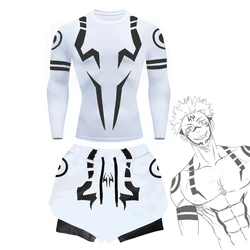 2PCS Anime Compression Sportswear Suit Fitness Men's Set Quick Dry Rashguard Compression Shirt + 2 in 1 Gym Shorts Summer Male