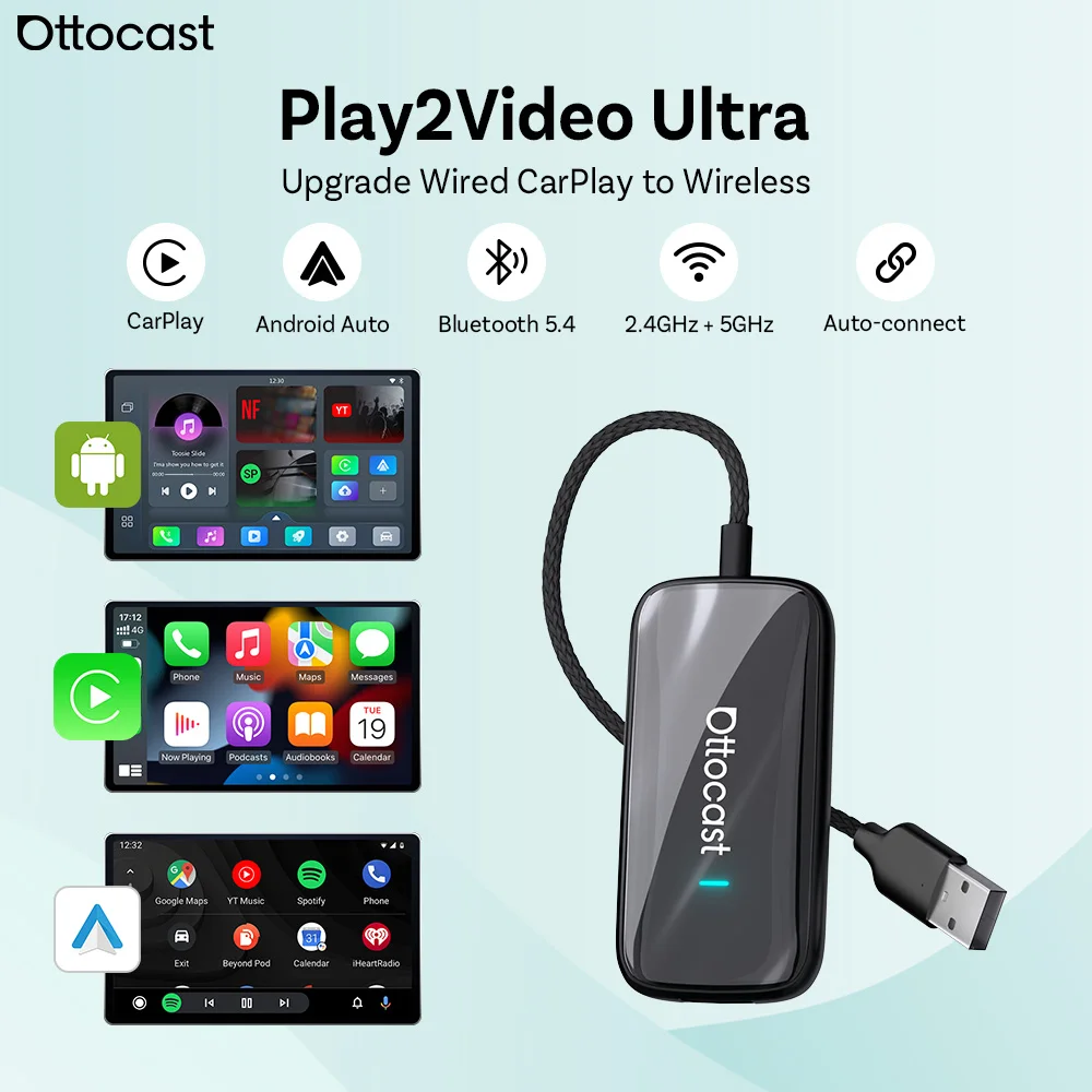 OTTOCAST Play2Video Ultra Wireless CarPlay AI Box Video Streaming for Car YouTube Netflix IPTV Plug&Play for Factory Wired CarPl