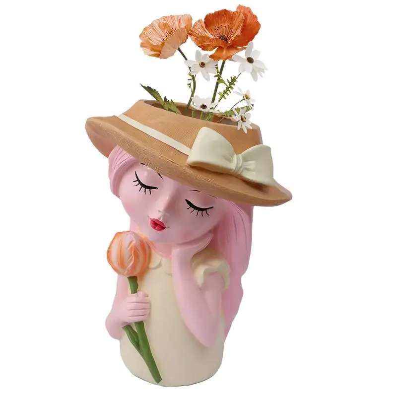 

Face Planter Cute Girl Head Flowerpot Resin Face Sculpture Planter Artistic Creative Plants Container Hand Painted For Succulent