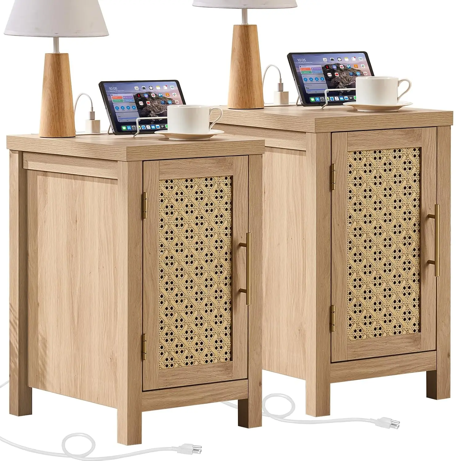 Rattan Nightstand Set of 2 with Charging Station, Natural