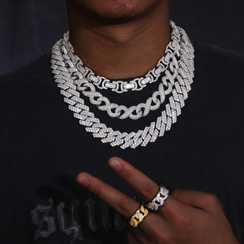 20mm Cuban Chain Real 925 Sterling Silver Hand Setting Moissanite Vvs Diamond Cuban Link Chain Necklace With Box Clasp...