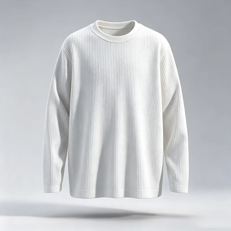 T-shirt à manches longues pour homme, col rond côtelé vertical, coupe ample, texture en maille douce, hauts décontractés, chemises de base respirantes pour tous les jours