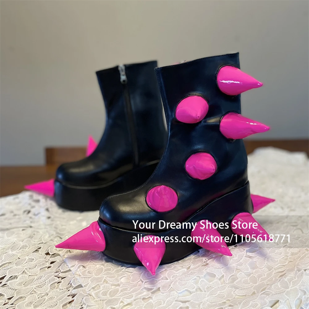 3D Fluorescent Green Spike Horn Decor Boots Inner Side Zipper Closure Super Thick Chunky Platform Sole Boot Cosplay Stage Boots