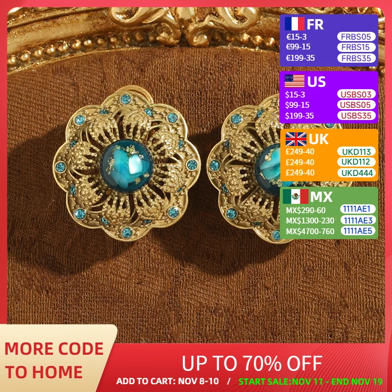 

Vintage Big Antique Gold Color Flower Earrings Blue Opal Glazed Palace For Woman Wedding Luxury Quality Jewelry New 2025 Trend