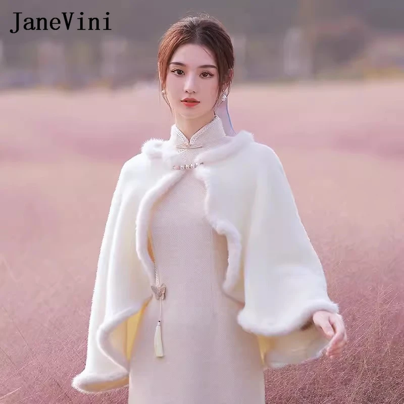 JaneVini 2023 New Ivory Faux Fur Cape Wedding Wraps Chale Mariage Bridal Bolero Women Jacket Fur Party Stoles Cloak Shrug Shawl