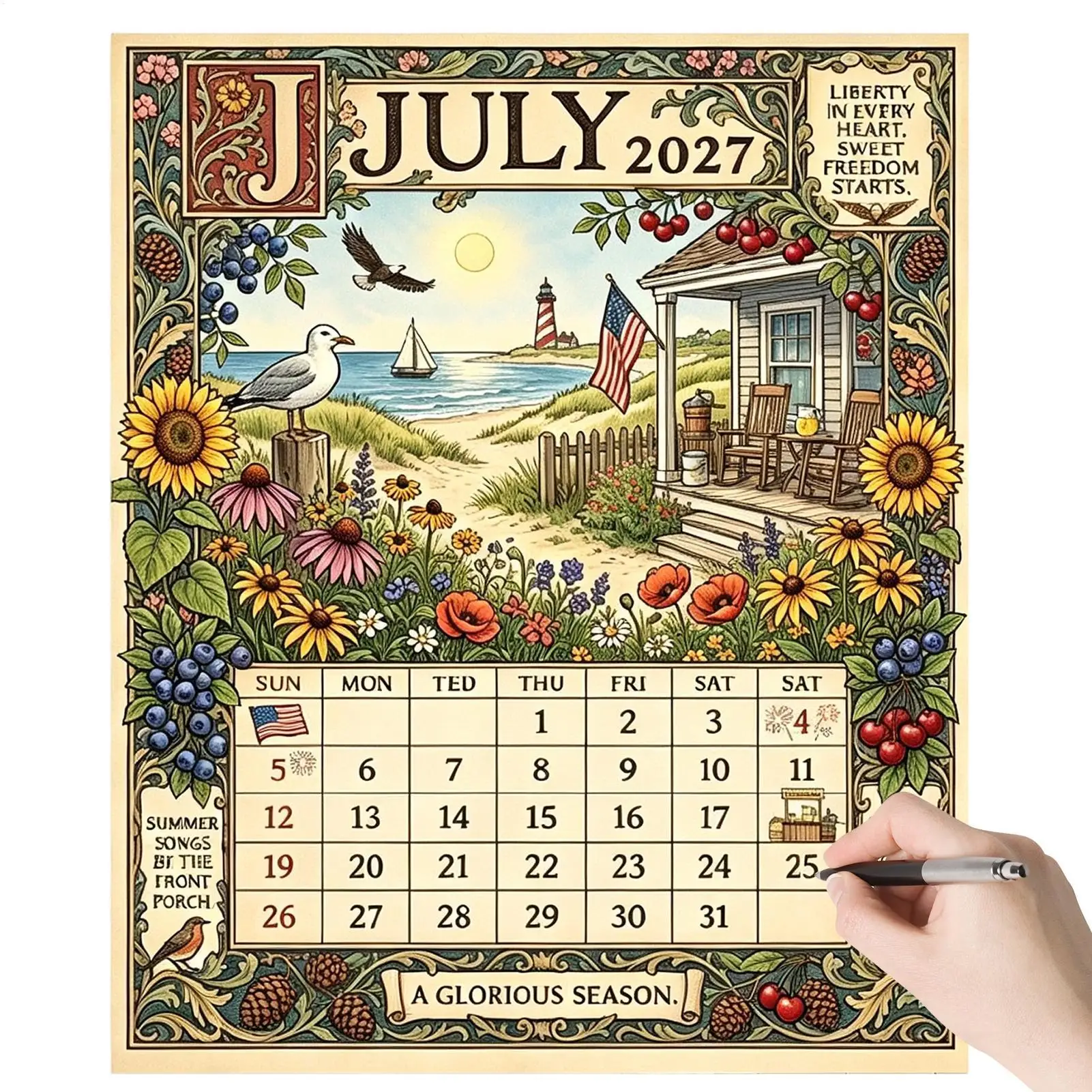 2027 American Style Calendar 12 Month Country Life Theme Large Grid Planner Retro Picture Book Style Wall Calendar For Home