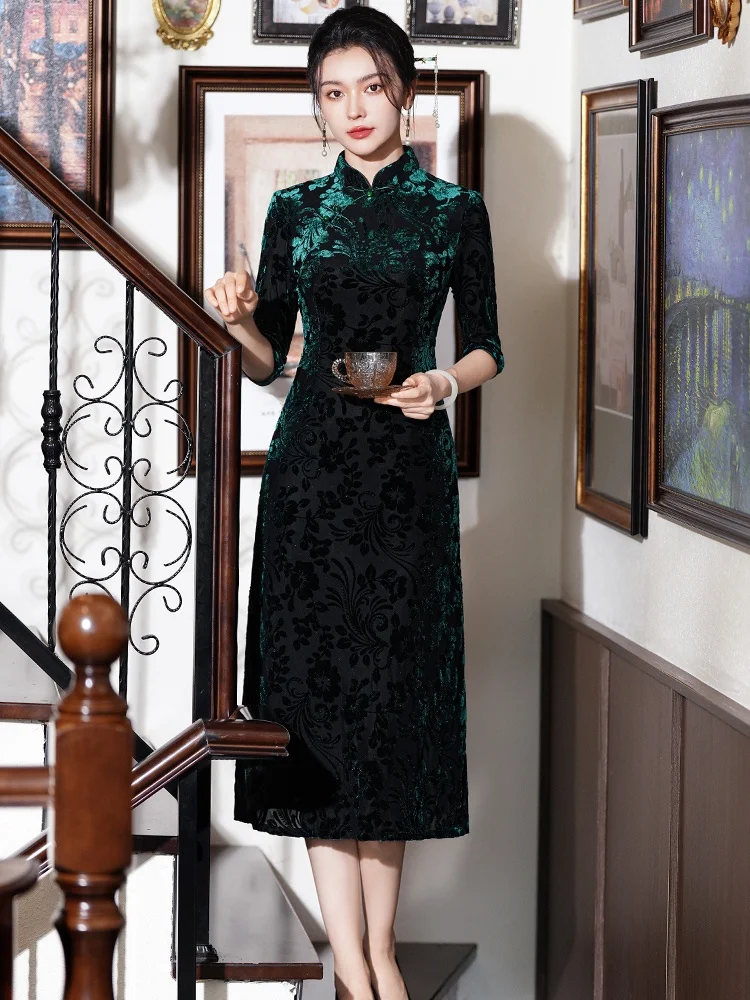 

Retro Young Sle Mid-Sve New Chinese Version Audrey Dr Daily Wear Low Slit Floral Pattern Pure E-commerce