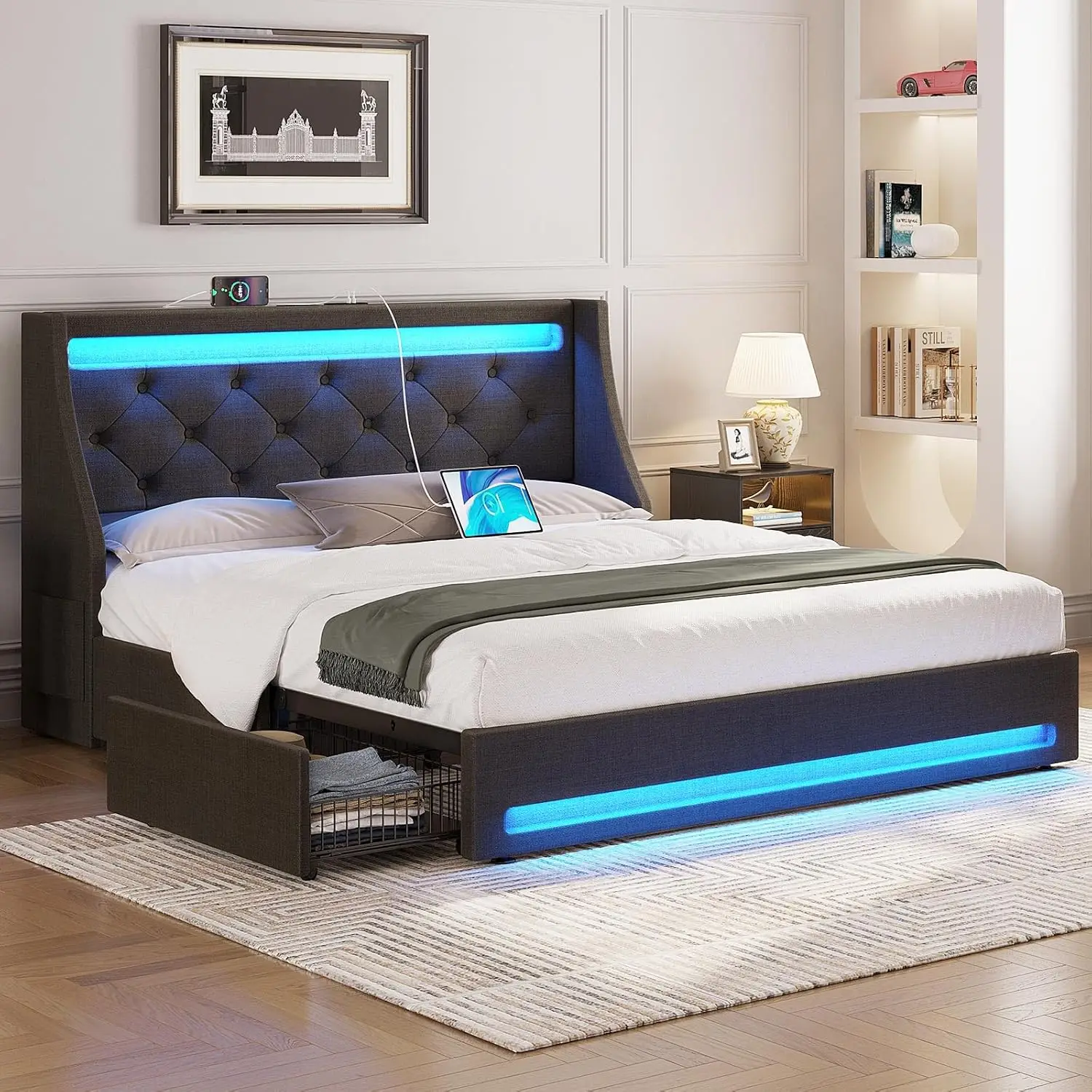 Full bed frame with LED lights and charging station, cushioned bed with drawers, noise free, easy to assemble, dark gray