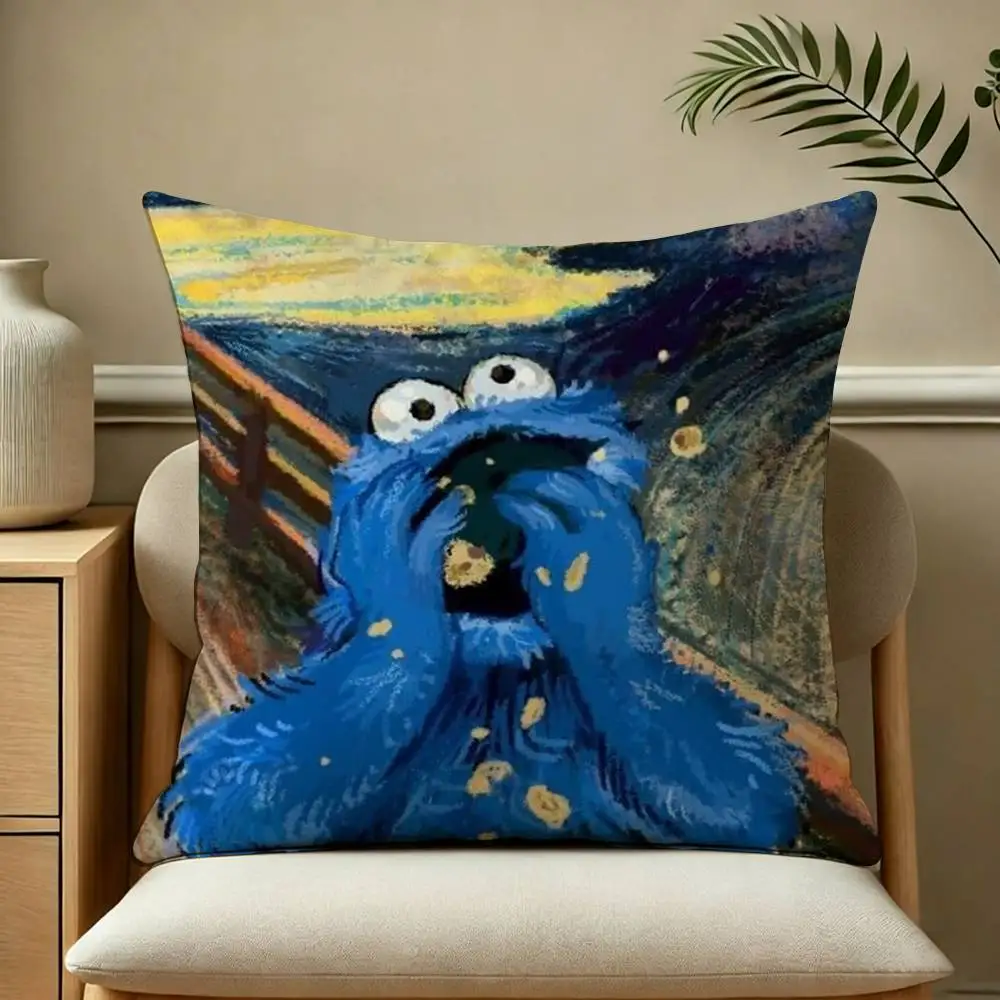 Cute Blue Monster C-Cookie Square Double-Sided printed Pillow Case Bedroom Bedside Pillow Sofa Cushion Cover