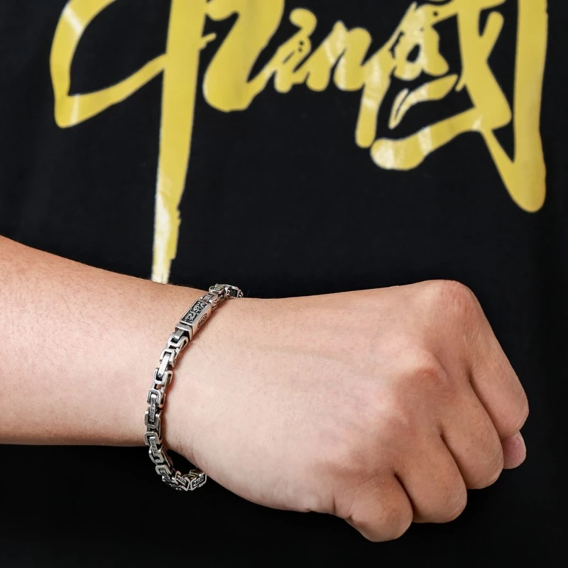 S925 Sterling Silver Six Word Truth Bracelet Male Retro Ethnic Style Old Thai Silver Jewelry Trend Bracelet Gift For Boyfriend