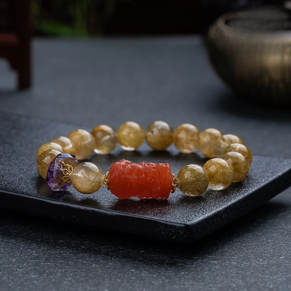 UMQ Natural Crystal Gold Rutilated Quartz Bracelet South Red Mother Carving Amethyst Design Lucky Bracelet