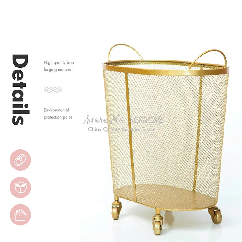 

Modern Golden Laundry Basket, Fashion Metal Design, Dirty Clothes Storage with Handle, Creative Organizer with Wheels