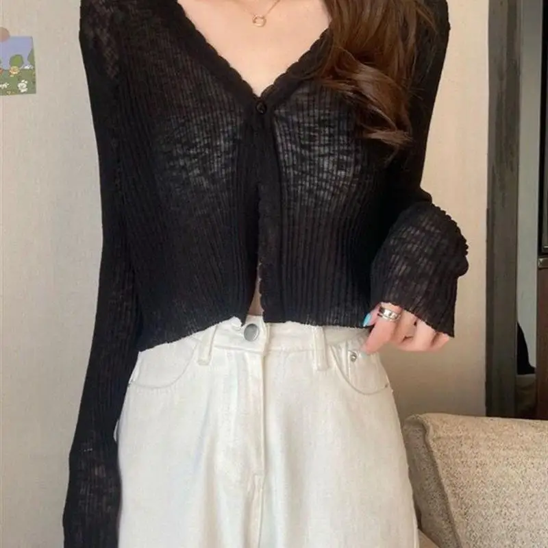 Lightweight Knitted Open Cardigan Women\'s Summer V-Neck Ice Silk Loose Outerwear Sun Protection Short Sleeve Long Sleeve Top