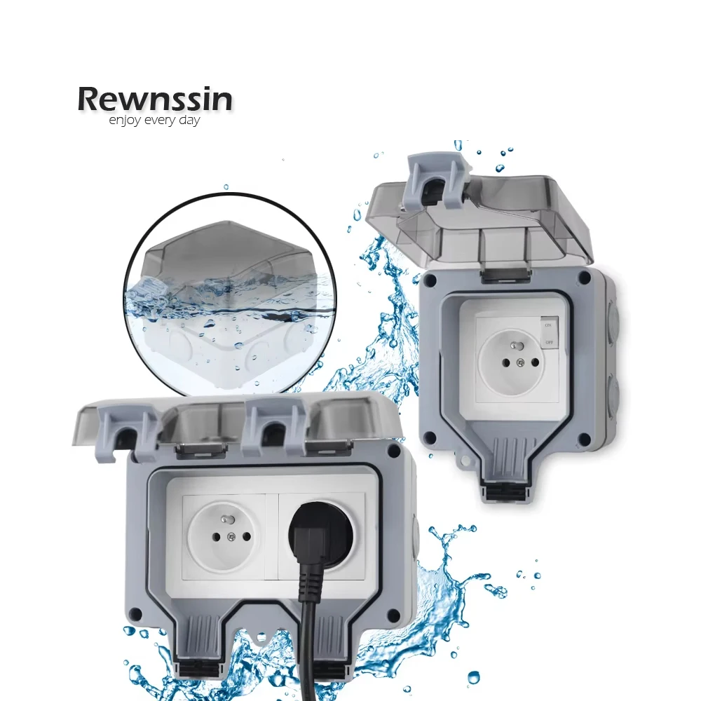 IP 66 French Plug Outdoor Socket Rain Proof Splash Outdoor International Universal Switch Waterproof and Dustproof for Garden