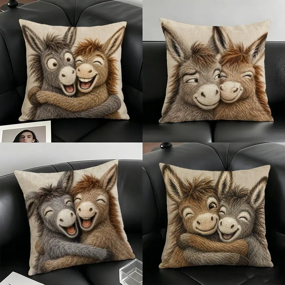 Funny Donkey Couple Cushion Cover Natural Linen Organic Fabric Double-Sided Printing Breathable For Home Decor