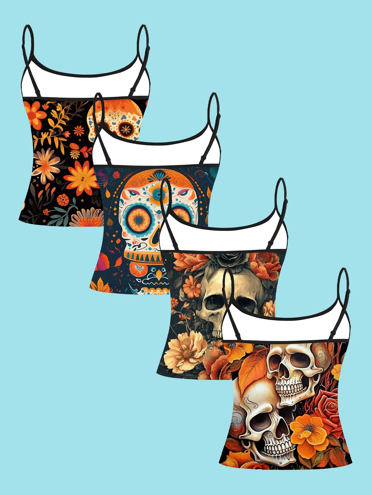 4-Piece Set of Day of the Dead Painted Skeleton Women's Camisoles, Vintage Orange Floral Sugar Skull Print Slim-Fit Spaghetti Strap Short Camisole Tops