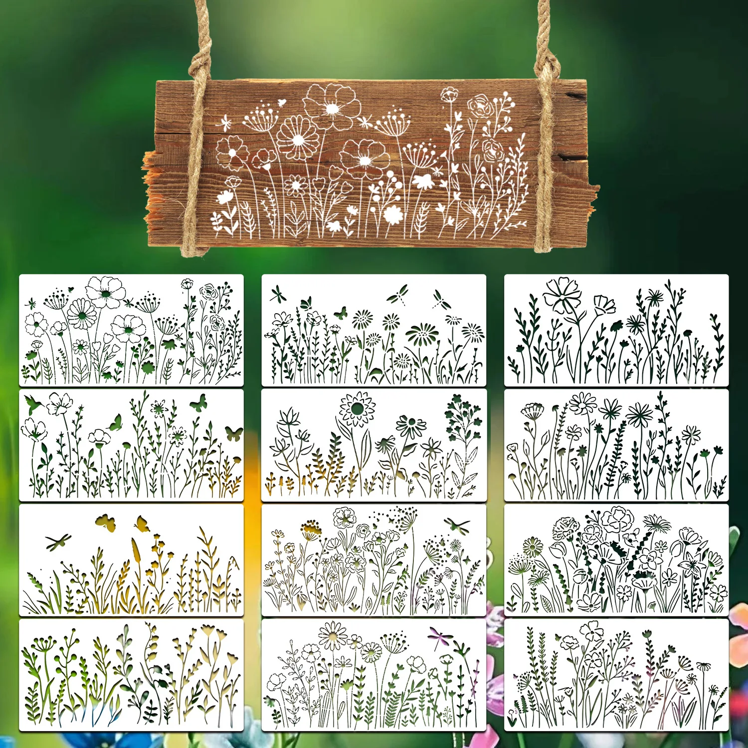 12Pcs Wildflower Border Meadow Floral Plant Pattern Painting Stencil Set Reusable Mold Template DIY Craft Wall Wood Fabric Decor