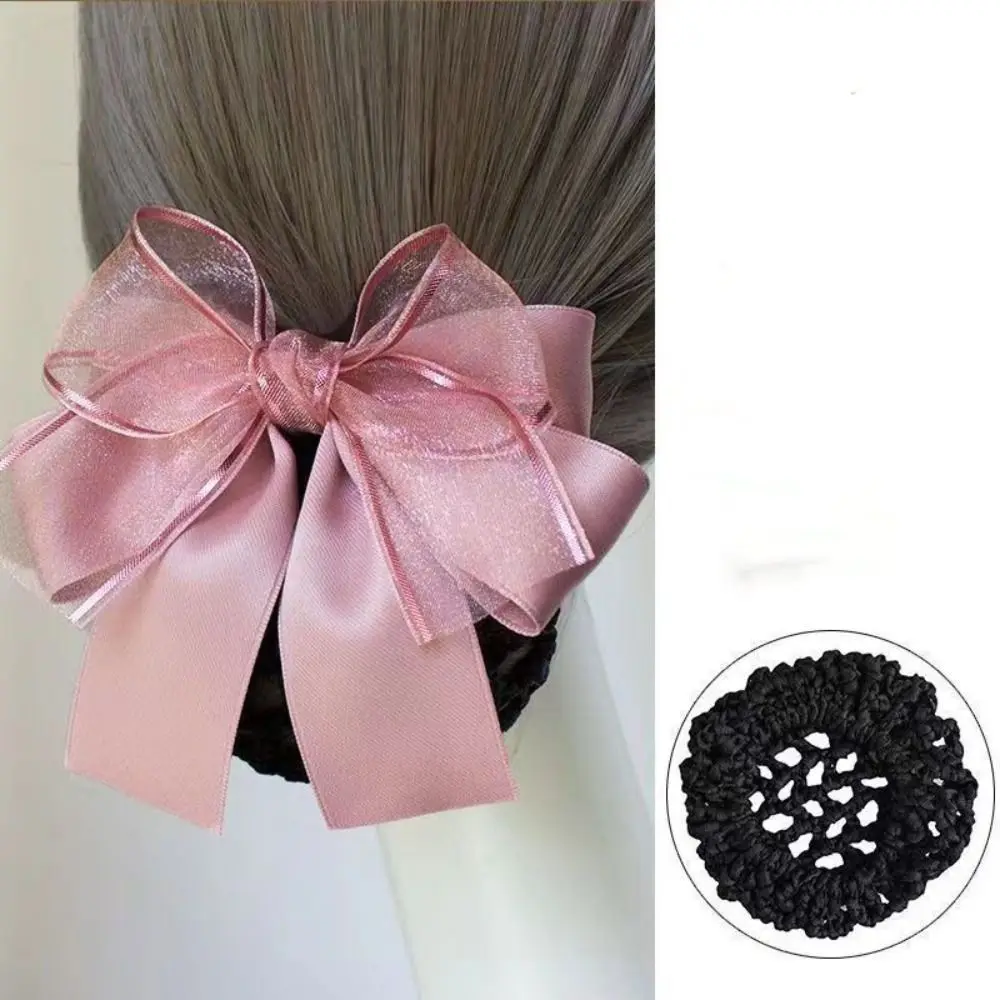 

Headwear Bow Korean Bun Snood Cloth Women Spring Clips Bowknot Hair Bun Korean Style Hairgrips Cover Net Flight Attendant