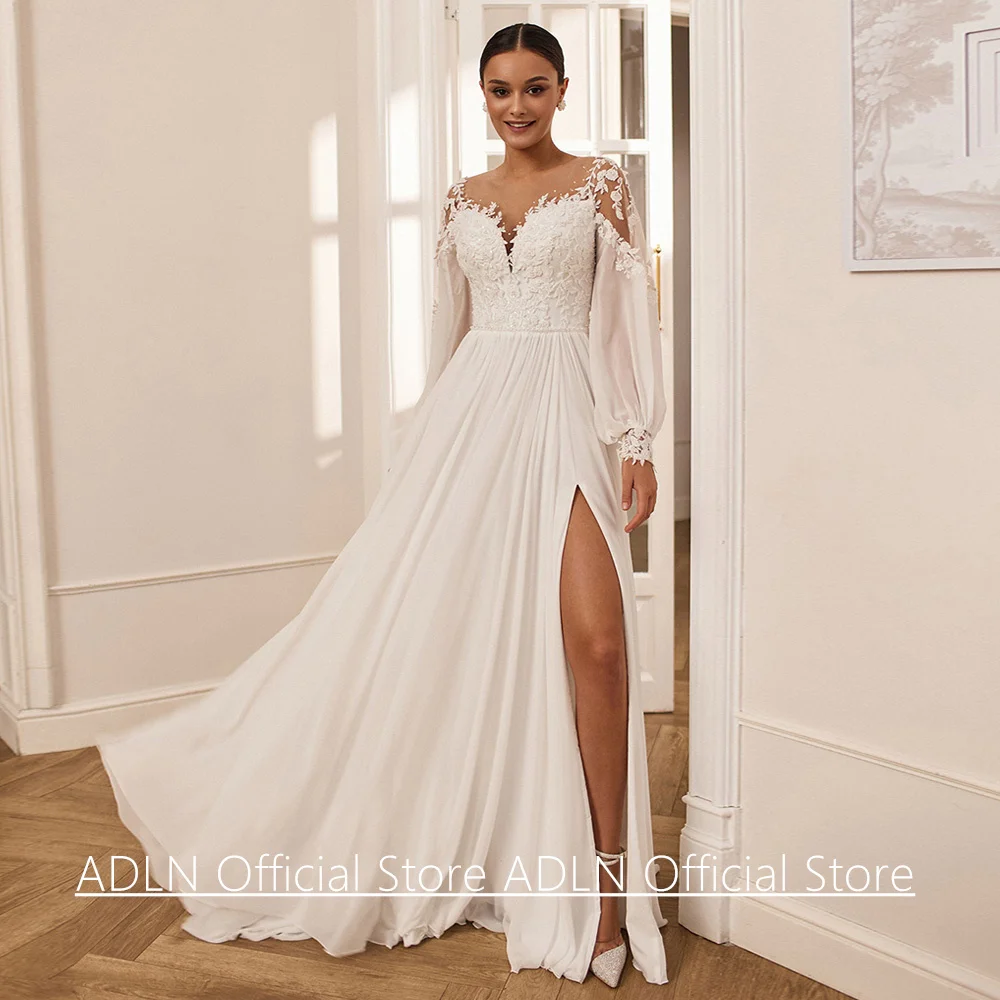 

Summer Beach Wedding Dress Customized Puff Sleeves Sheer Round Neck Beading Applique High Split Corset Marriage Bridal Gown