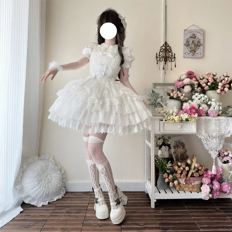 2026 New Sweet Flower Wedding Lace Bowknot Lolita JSK Sling Dress,Black White Princess Dress for Tea Cosplay Harajuku Women