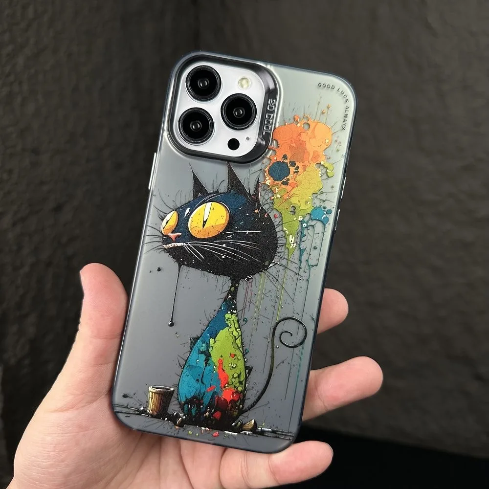 New Fashion Graffiti Painted iPhone Case for 14 Pro Max 13 12 Cartoon Animal Matte Laser Metal Electroplated Soft Silicone Case