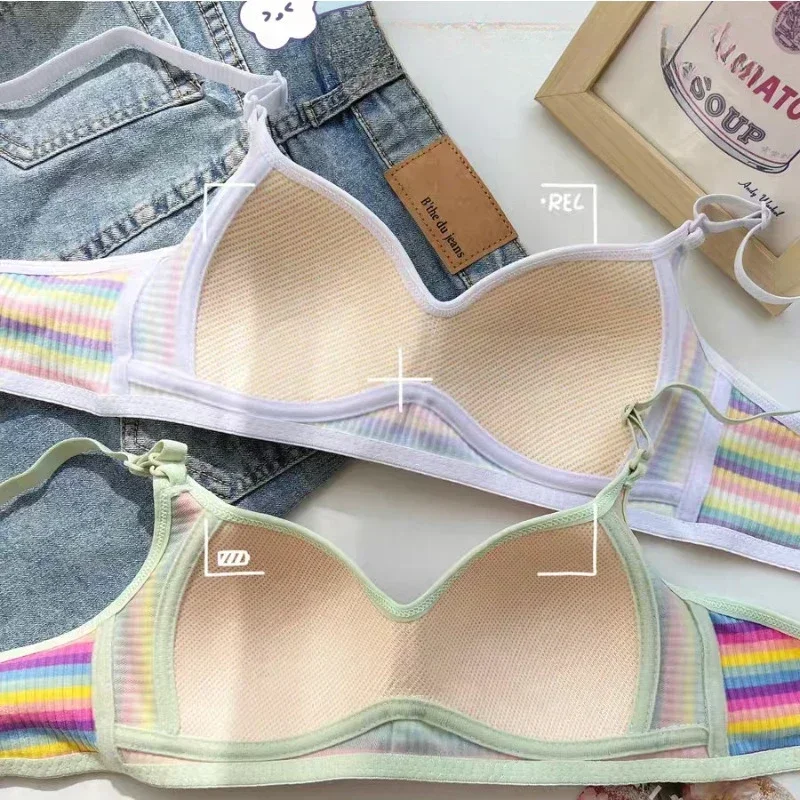 Dopamine girl rainbow stripes color girl small breast no steel ring underwear back bra bra high impact sports bra plus size