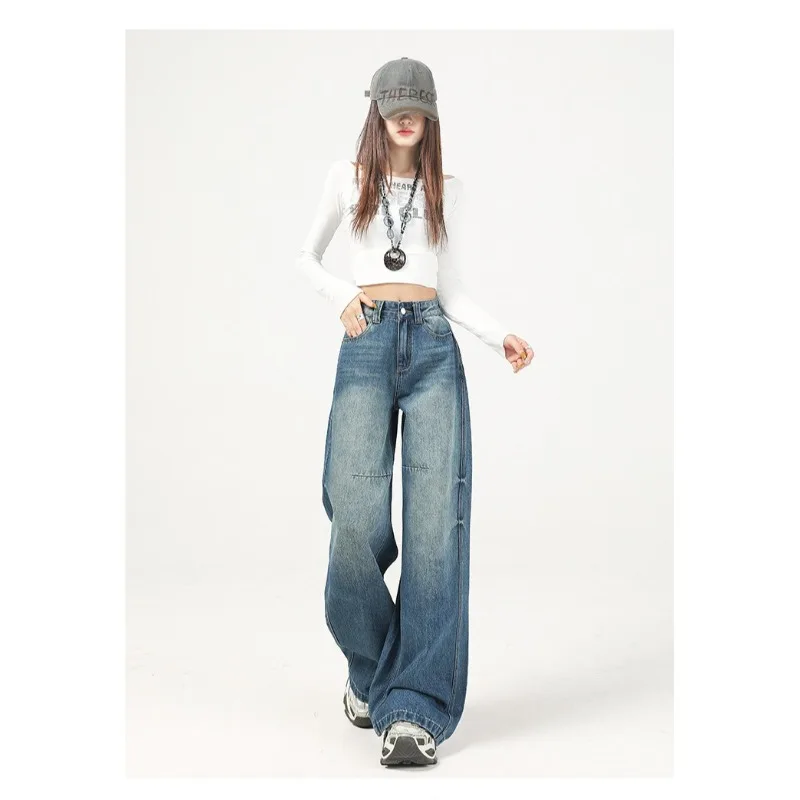 Retro Scroll-shaped Wide-leg Jeans for Women Slightly Plump Pear-shaped Figure Slightly Plump Figure Winter Thickened and Fleece