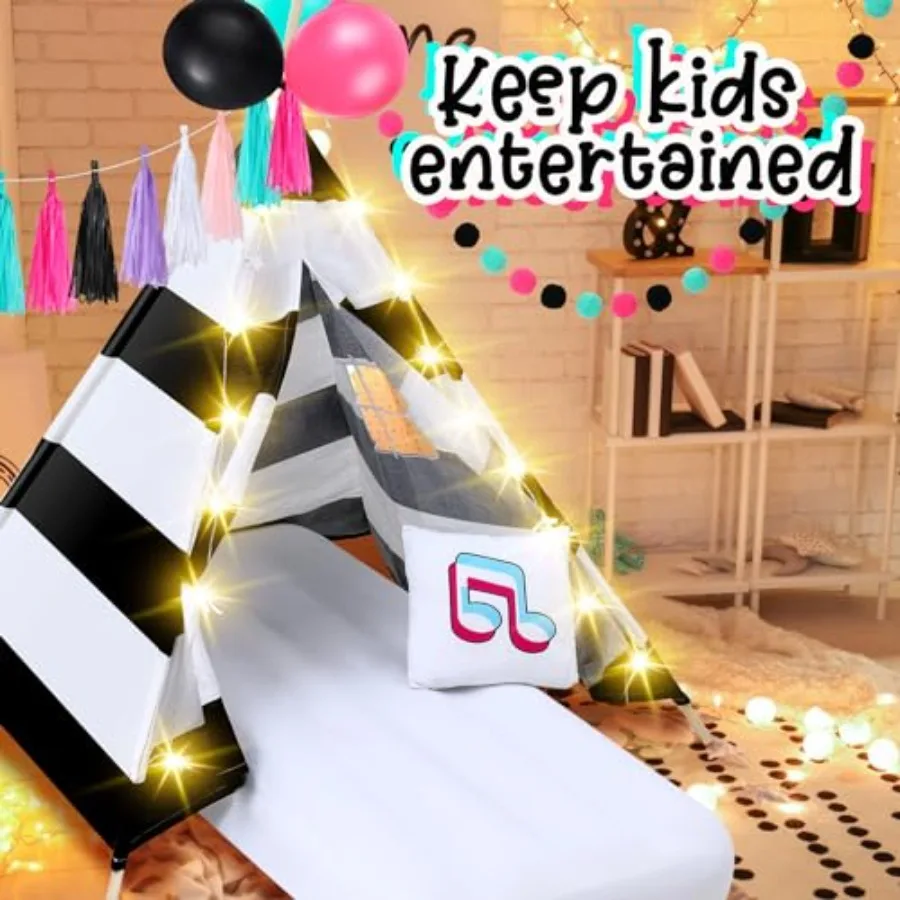 4er-Pack Tipi-Zelte für Kinder, Pyjama-Party mit Luftmatratze, Licht, Kissen, Musik-Thema, Schlaf-Zelte für Mädchen-Party, natürliches C