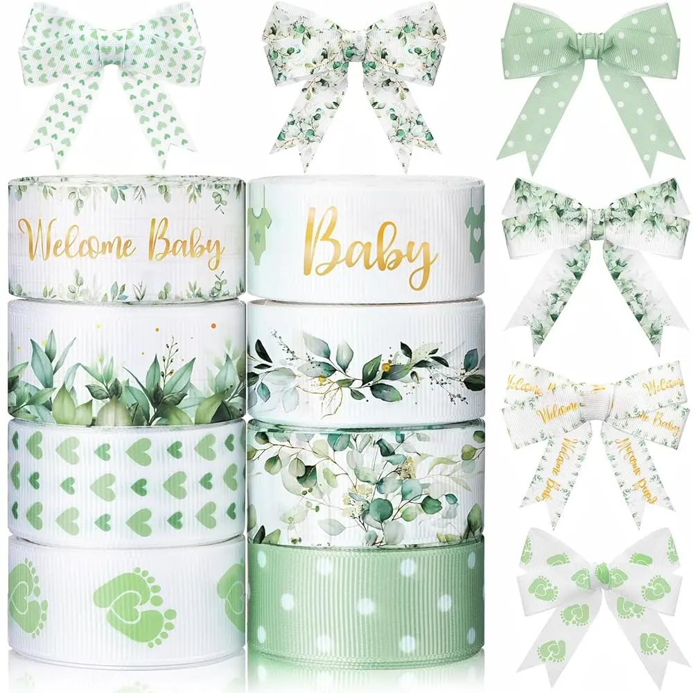 

8 рулонов ленты с принтом зелени и листьев эвкалипта, 7/8 дюйма, для детского праздника, рукоделия, упаковки подарков, гросгрейн-лента для декора