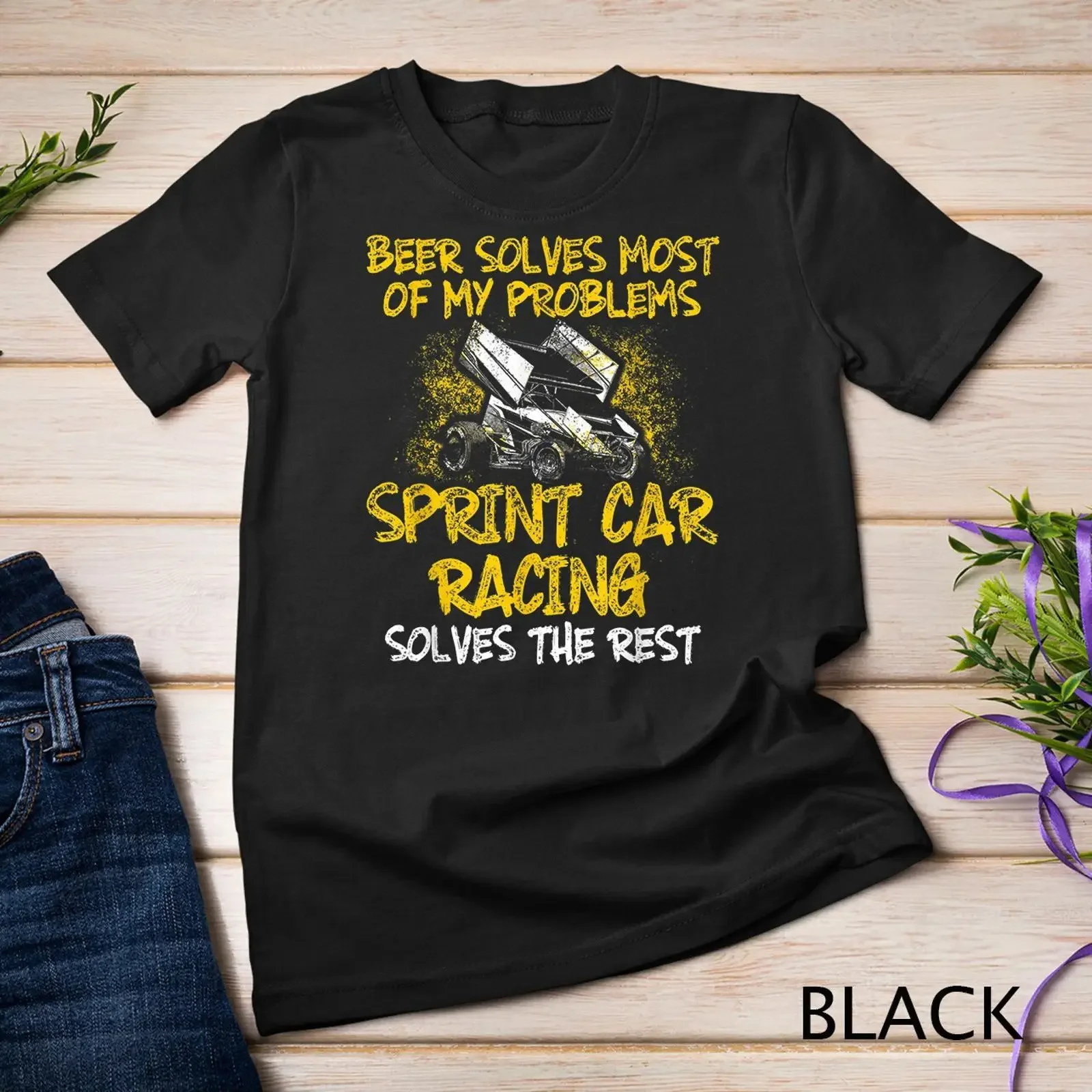 Sprint Car Racing Beer Solves Race Track Racer T Shirt  vintage Washed Stylish streetwear Breathable homme Comfortable Casual