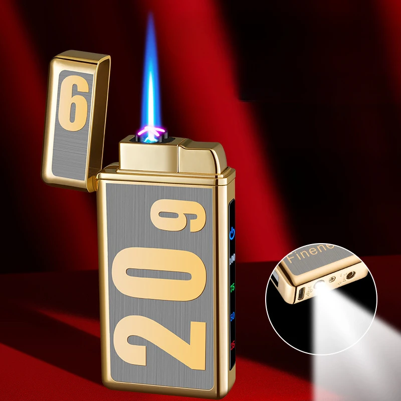 Gas and electric lighter, direct injection windproof flame cigarette lighter, digital display, with lighting, gift for men