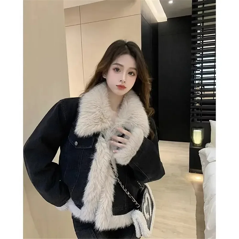 

Fur Denim Coat Women Autumn Winter Thicken Warm Long Sleeve Pockets Spliced Korean Fashion Jacket Vintage Jean Outwear