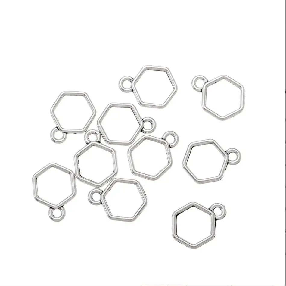 100pcs 16*11mm Mini hexagon Charm Hollow Glue Blank Pendant Tray Bezel Charms DIY Bracelet Necklace Handmade Bezel Mold F0457