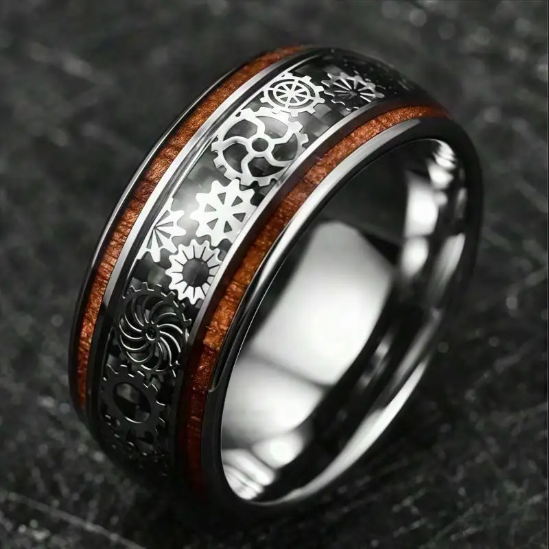 10Mm Steampunk Gear Tungsten Ring, Gear Tungsten Wedding Ring, Engagement Ring,unique Tungsten Ring, Polished Inlaid Wooden Dome