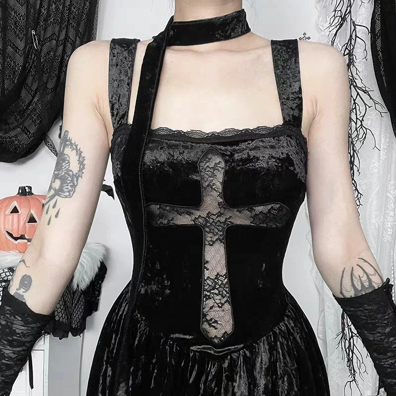 RORORIRI Sheer Cross Lace Splice Samt Tank Kleid Frauen Schal Neck Backless Sexy Plissee Drapierte Lange Kleid Dark Vintage Kleidung