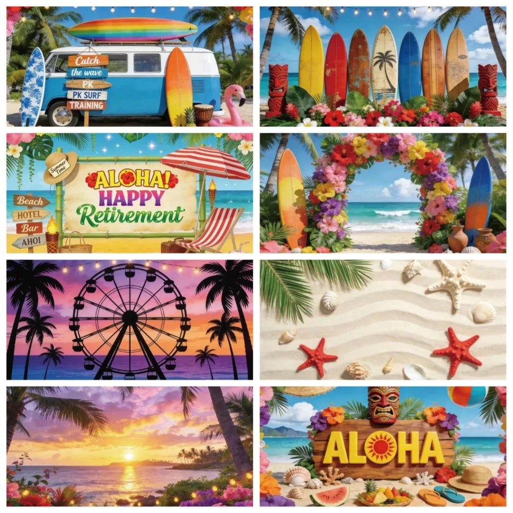 

Summer Hawaiian Vacation Beach Surfboard Theme Banner Background, Adult Birthday Party Decoration Photography Studio Background