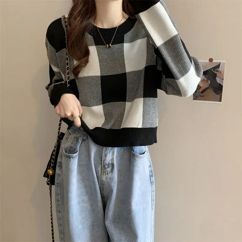 Pullover Kurze Ernte Runde O Neck Plaid frauen Pullover Moderne Lange Ärmel Stricken Tops für Frau Koreanische Mode Harajuku Streetwear